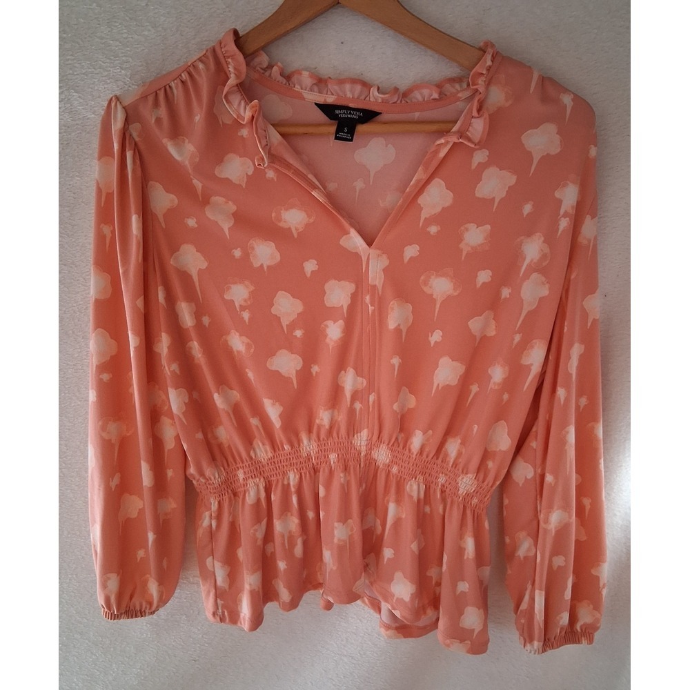 Simply Vera Wang Pink Floral Long sleeve Peplum Top‎ Elastic Waist Size Small